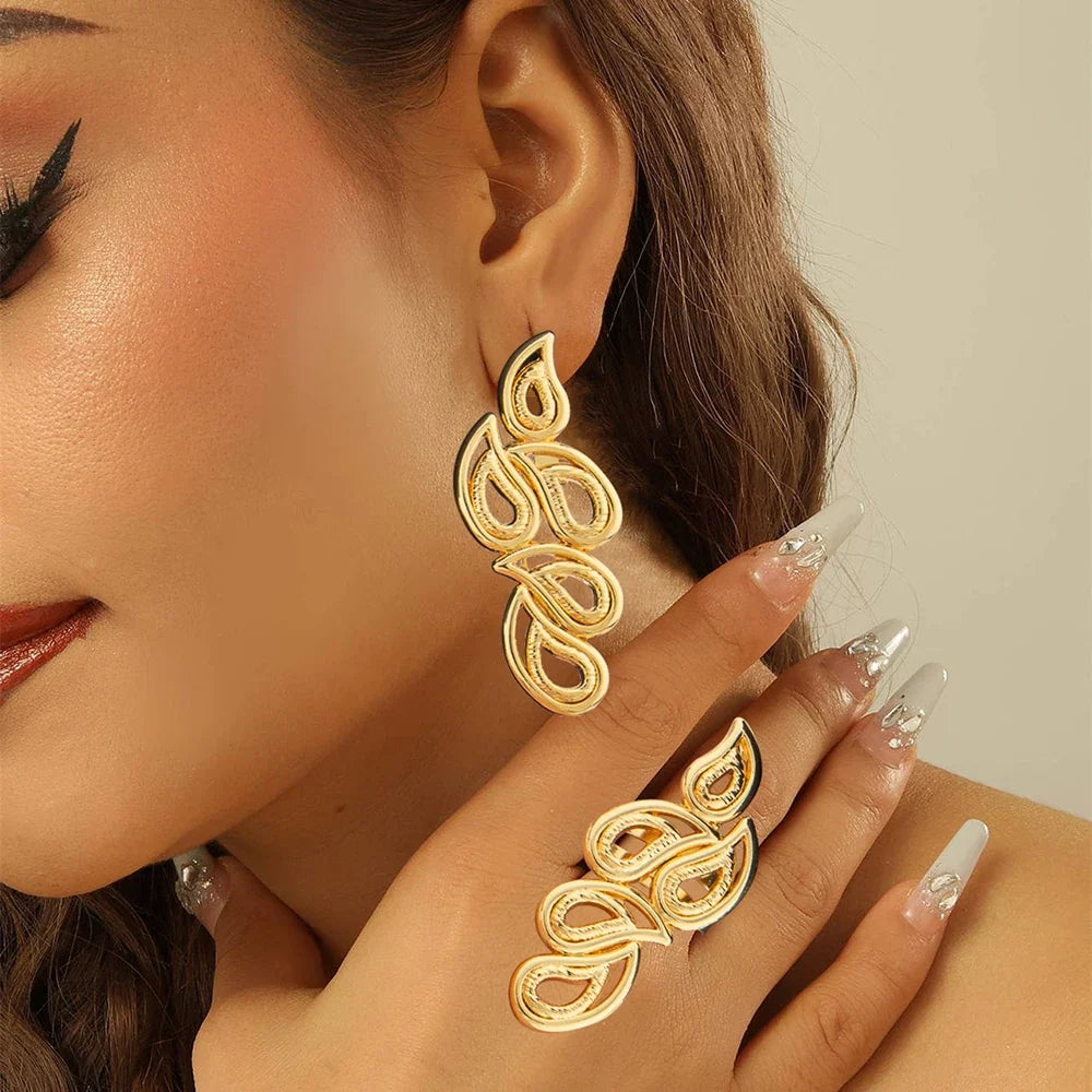 Golden Bridal Statement Earrings & Ring Set, close-up view